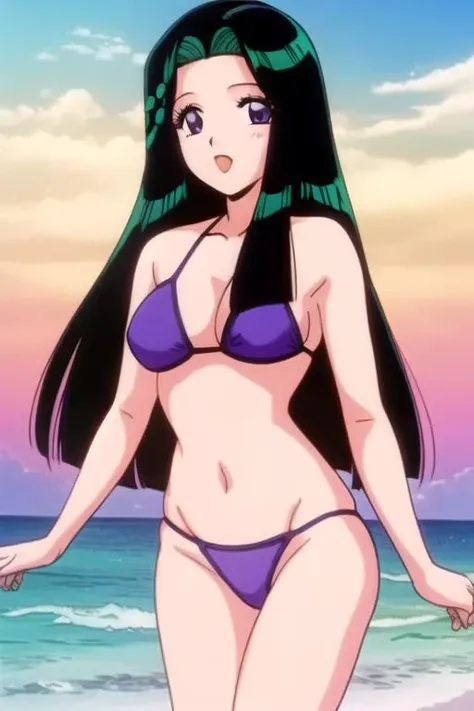 ((1girl)),(ritsuko_nube),long hair, purple eyes,<lora:ritsuko_nube-000016:0.8>,bikini, beach, sunset