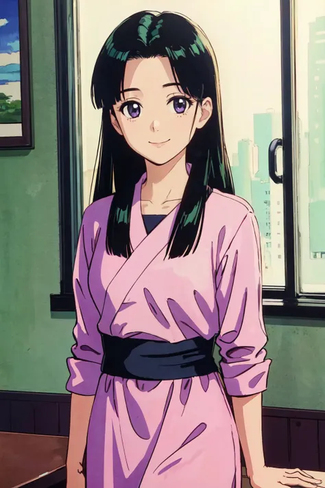 ritsuko_nube,long hair, purple eyes<lyco:ritsuko_nube-000016_V1:0.5> (best quality, masterpiece, RAW photo,ultra-detailed:1.2), <lyco:GoodHands-beta2:1.0>,1girl,solo,looking at viewer,,smile,
large breasts,