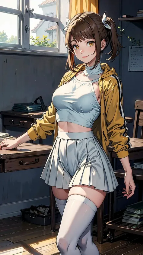 masterpiece, best quality, [classroom|prison cell]
BREAK
1girl, solo, standing, facing viewer
BREAK
<lora:EPfeGoldmary-07:0.8>, EPfeGoldmary, yellow eyes, brown hair, smile
BREAK
[turquoise top, turtleneck|jacket]
BREAK
[white skirt, long skirt, pleated skirt|yellow panties]
BREAK
[tube socks, (wedge heels) |thigh high boots]