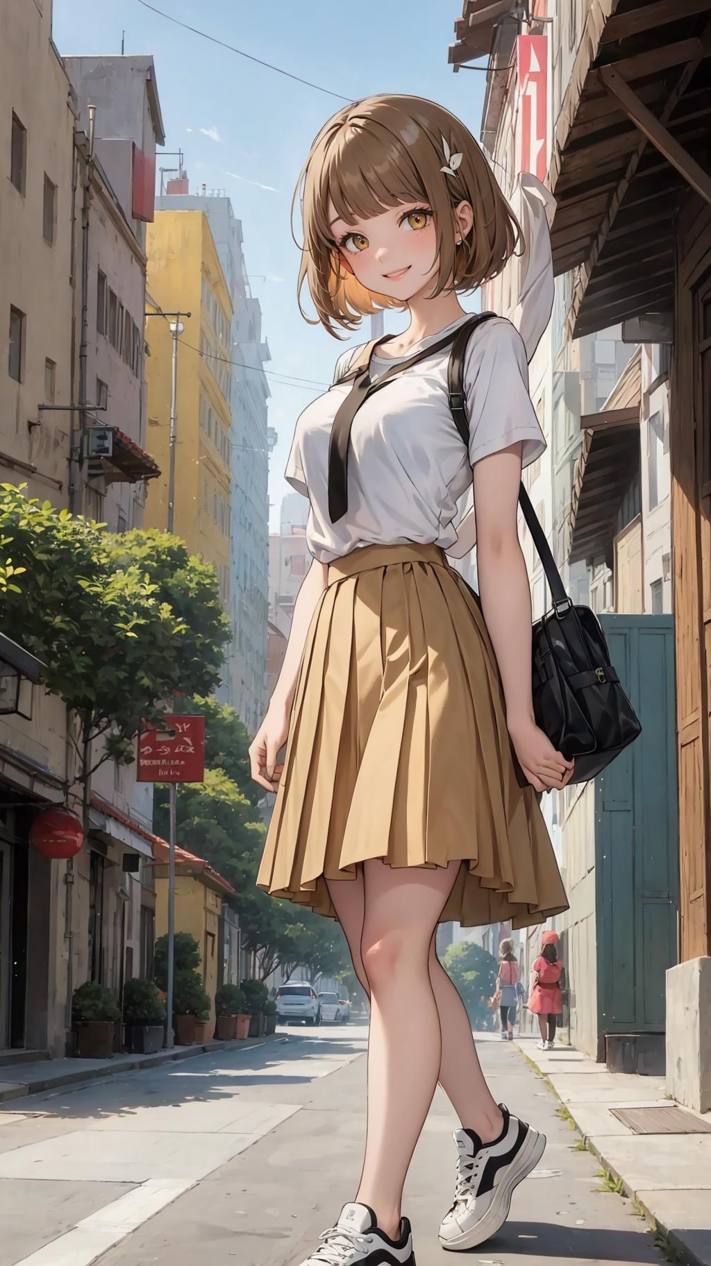 A woman in a skirt and sneakers is walking down a street - SeaArt AI