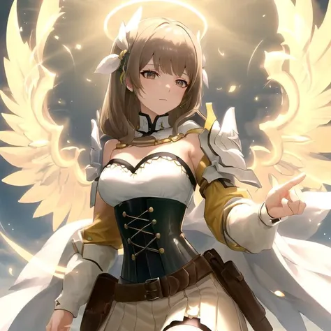 <lora:BlessedTech:0.8> blessedtech, blessed, aura, <lora:EPfeGoldmary:0.7> EPfeGoldmary ,brown hair, cowboy shot, shoulder armor, shoulder, corset,