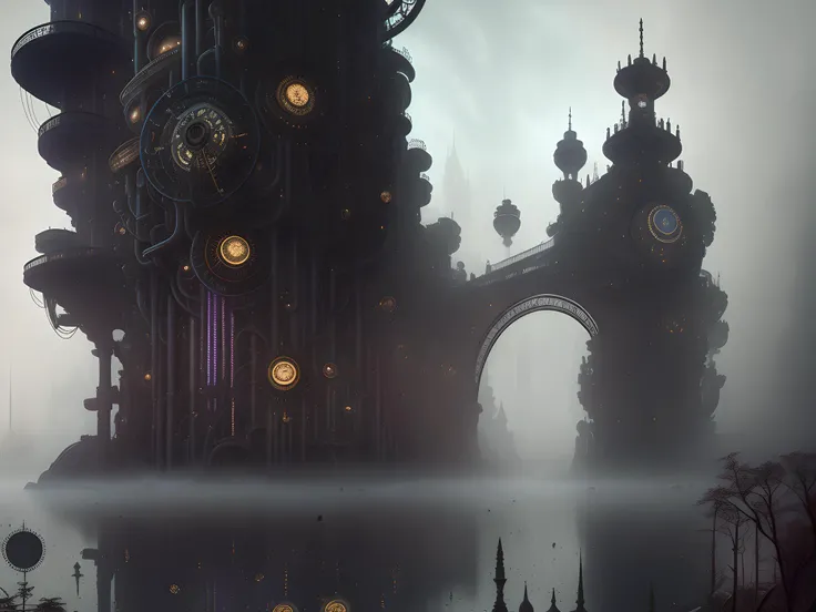 Midjourney style, Dreamlike, steampunk (city)+, vintage, clockwork architecture, industrial, springs, cogs, escape wheel, muted colors, panorama, landscape photography, distance, masterpiece, cinematic light, foggy morning, bokeh, highly detailed, photography by Zdzislaw Beksinski and Alan Lee, sharp-focus, 8k, intricately-detailed