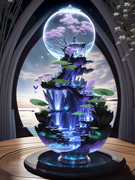 Midjourney style, Dreamlike,a 3d render of Huge full moon, flowing crystal butterfly, rotating transparent magic halo, many lotus flowers by the lake, beautiful and delicate luminous transparent orb, flowing water system magic, flowing tulle, (Sacred glory), crystal cup, crystal tea table, tabletop potted tree, big red lantern, rotating flowing willow leaves, butterfly, detail painting Luki, CG social competition champion, fantasy art
