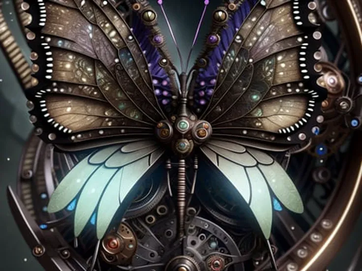 Midjourney style, Dreamlike, steampunk (butterfly)+, made of vintage watch parts, springs, cogs, escape wheel, muted colors, masterpiece, cinematic light, foggy morning, bokeh, highly detailed, macro photography by Zdzislaw Beksinski and Alan Lee,, sharp-focus, 8k, intricately-detailed