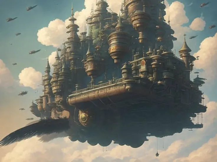 ghibli style, a man in studio_ghibli_anime_style ,look at a steampunk fly castle in sky, heavy steam warship with iron wings, springs, cogs, escape wheel, muted colors, masterpiece, cinematic light, foggy morning, bokeh, highly detailed, studio_ghibli_anime_style style