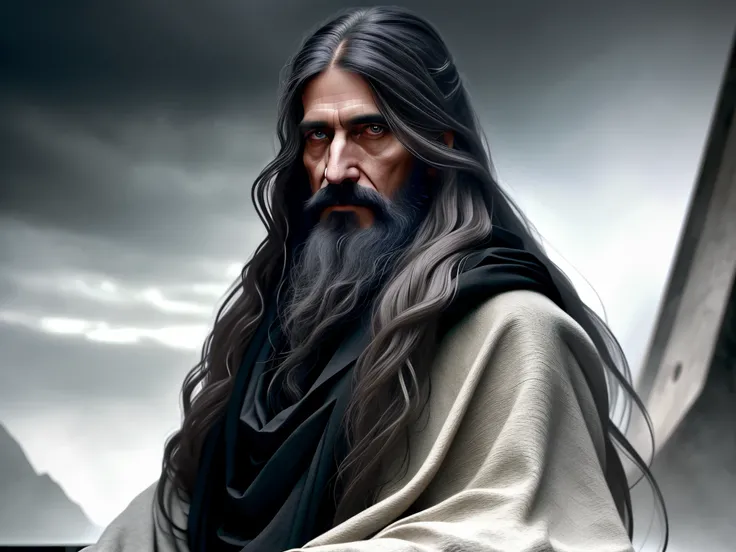 a detail portrait of old thinker, male philosopher, with long hair, in a black cloths and on an empty background by annie leibovitz. pastel colors scheme. dark moody tones matte painting geometric patterns, trending at artstation hq 4k details hyperrealism, cinematic dramatic lighting, high resolution octane render 8K HDR,full body character.concept design,