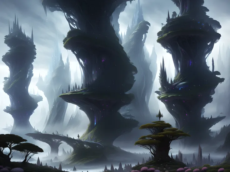 Midjourney style, Dreamlike, crystalline (elven city)+, slender towers, fantasy, magical buildings, flowers, gardens, verdant architecture, solarpunk, flowing water, panorama, landscape photography, masterpiece, cinematic light, foggy morning, bokeh, highly detailed, photography by Zdzislaw Beksinski and Alan Lee, sharp-focus, 8k, intricately-detailed