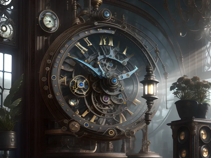 Midjourney style, Dreamlike, steampunk (room interior)+, vintage watch parts, springs, cogs, escape wheel, muted colors, potted_plant,masterpiece, cinematic light, foggy morning, bokeh, highly detailed, photography by Zdzislaw Beksinski and Alan Lee, sharp-focus, 8k, intricately-detailed