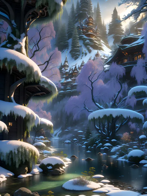 Midjourney style, Dreamlike, a 3d render of an elven village, elven gardens, winter, serene snowfall, forest background, sunrise, volumetric lighting, flower details, tranquil background scenery, rotating flowing willow leaves, butterfly, detail painting Luki, CG social competition champion, fantasy art