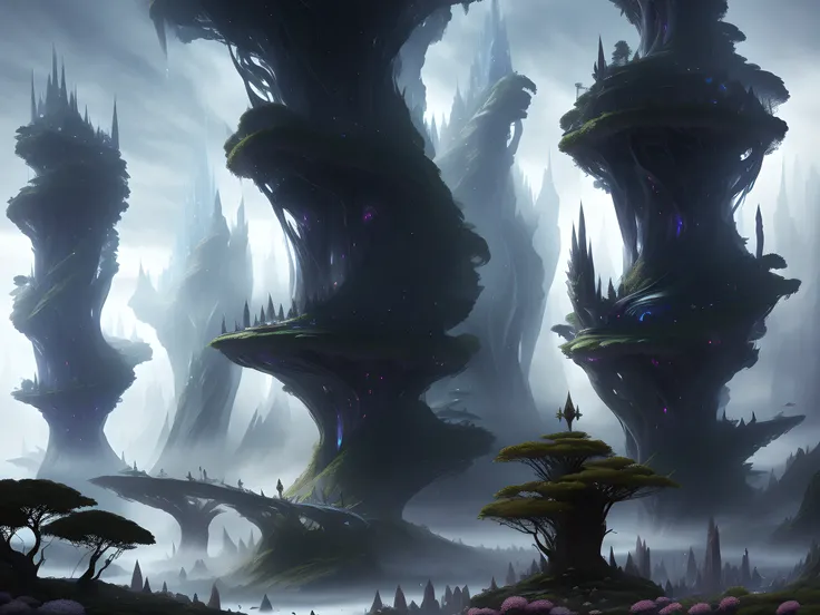 Midjourney style, Dreamlike, crystalline (elven city)+, slender towers, fantasy, magical buildings, flowers, gardens, verdant architecture, solarpunk, flowing water, panorama, landscape photography, masterpiece, cinematic light, foggy morning, bokeh, highly detailed, photography by Zdzislaw Beksinski and Alan Lee, sharp-focus, 8k, intricately-detailed