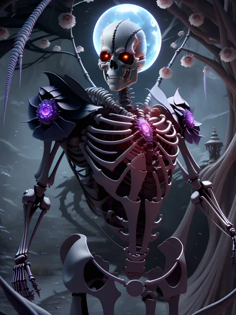 Midjourney style, Dreamlike,a 3d render of a terminator, skeleton, crystal bones, fantasy mechanical workings, flower details, tranquil background scenery, evil red eyes, looking at viewer, rotating flowing willow leaves, butterfly, detail painting Luki, CG social competition champion, fantasy art