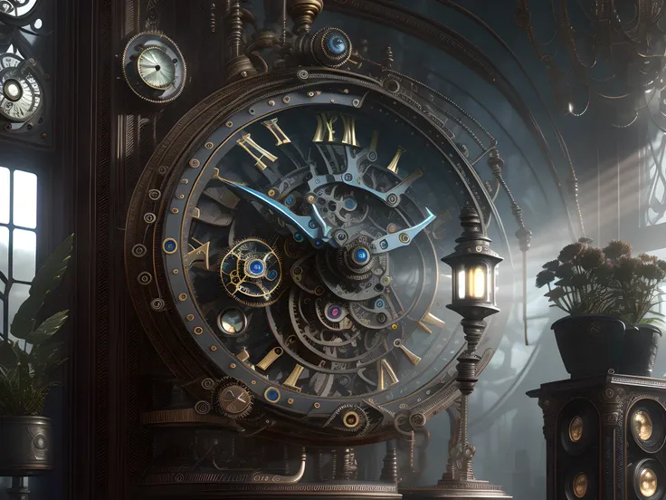 Midjourney style, Dreamlike, steampunk (room interior)+, vintage watch parts, springs, cogs, escape wheel, muted colors, potted_plant,masterpiece, cinematic light, foggy morning, bokeh, highly detailed, photography by Zdzislaw Beksinski and Alan Lee, sharp-focus, 8k, intricately-detailed