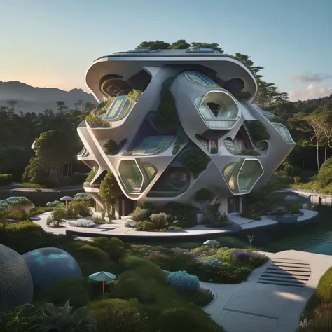 An architectural rending of an eco-community neighborhood of innovative contemporary 3D printed sea ranch style cabins with rounded corners and angles, beveled edges, made of cement and concrete, organic architecture, in a lush green eco community with side walks, parks and public space , Designed by Gucci and Wes Anderson, golden hour