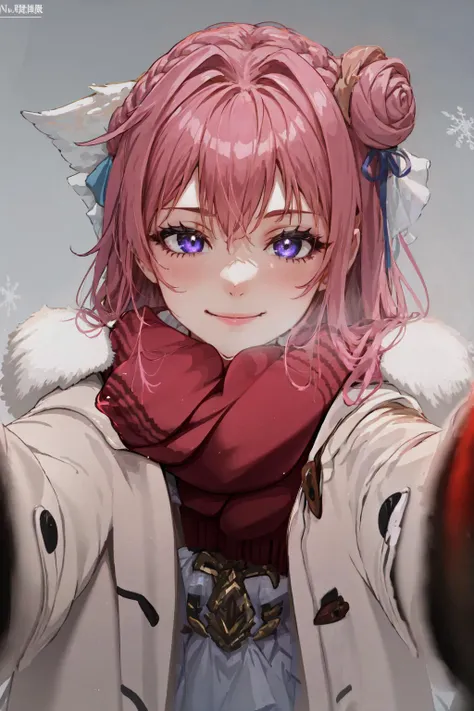 1girl, IncrsChkWarmingMeme, <lora:PovCheekWarmingMemeV2:1>, winter clothes, red scarf, breath, closed mouth, <lora:dorothy-nikke-richy-v1:1>, dorothy \(nikke\), seductive smile,