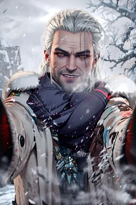 IncrsChkWarmingMeme, <lora:PovCheekWarmingMemeV2:1>, winter clothes, red scarf, breath, seductive smile, reaching towards viewer, geraldoW3, <lora:Char_Sigmas_GeraltOfRivia:0.7>