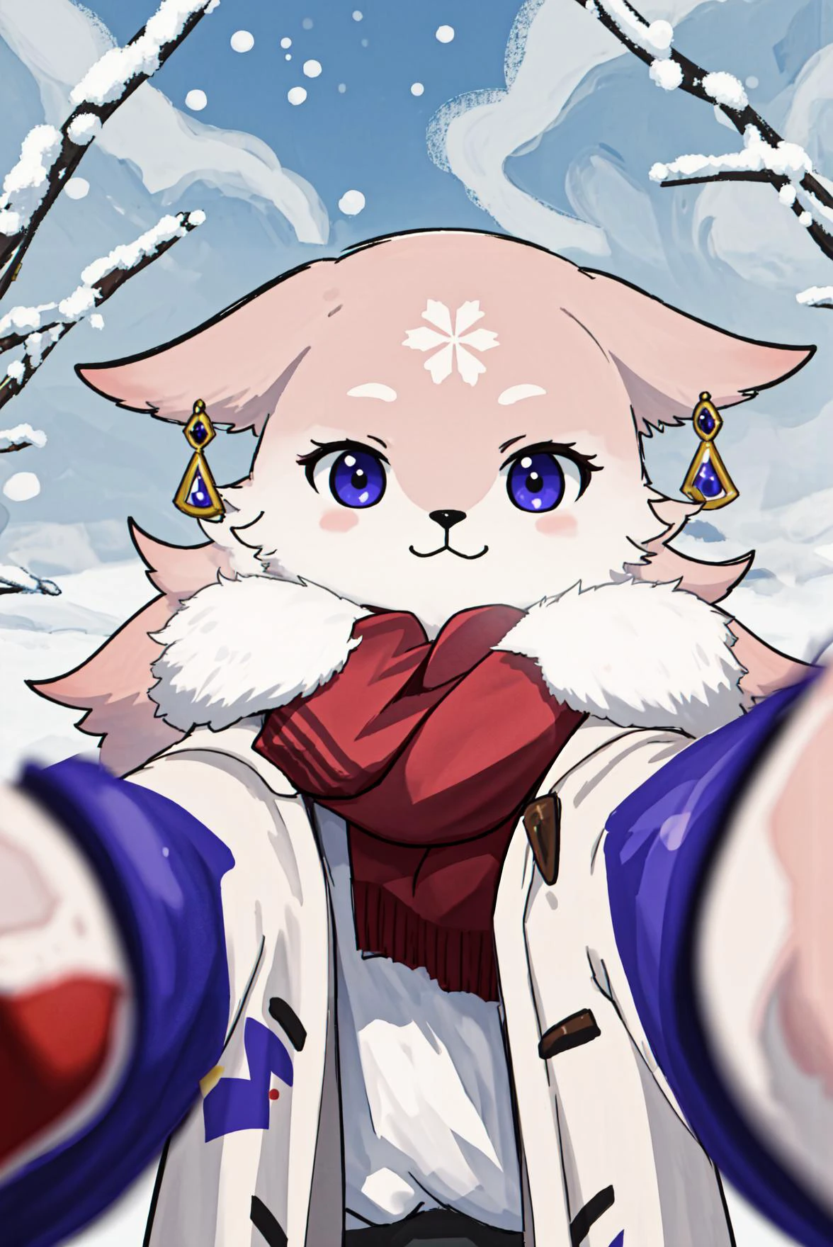 <lora:LCM_LoRA_Weights_SD15:1><lora:PovCheekWarmingMemeV3:0.8> IncrsChkWarmingMeme, reaching towards viewer, winter clothes, red scarf ,1girl <lora:YaeMikoFox:0.8> YaeMikoFox, no humans