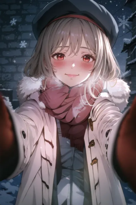 1girl, IncrsChkWarmingMeme, red scarf, pov, smile, shy, blush, closed mouth, <lora:PovCheekWarmingMeme:1>, winter clothes, rapi \\(nikke\\), red eyes, hat, <lora:Char_NIKKE_Rapi:0.9>, night, (dark environment), <lora:Style_DarkIncursioStyle:1>