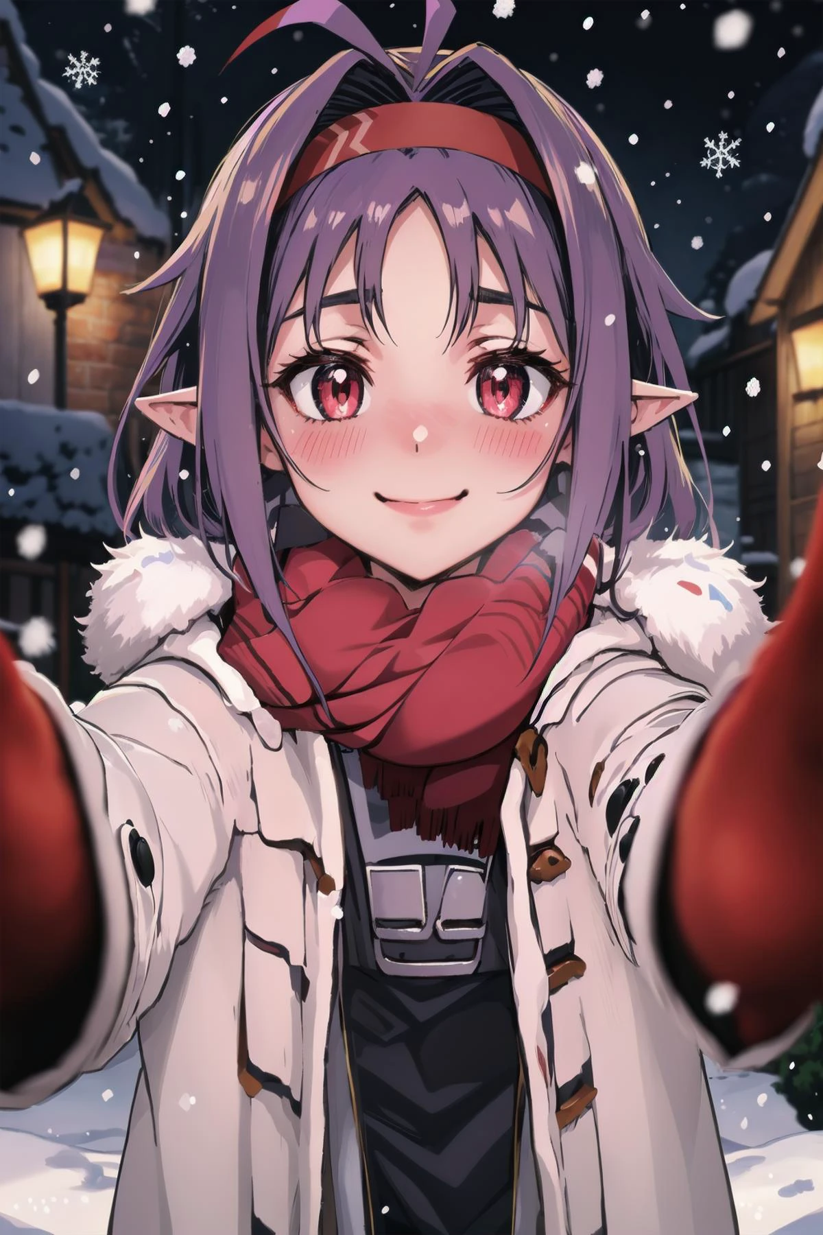 masterpiece,best quality,highres,ultra-detailed,yuuki \(sao\),pointy ears,long hair,ahoge,red hairband,<lora:yuuki _(sao):0.8>,
<lora:PovCheekWarmingMeme:0.9> IncrsChkWarmingMeme, pov, smile, blush, anime coloring, outdoors, snow, white jacket, scarf, night, closed mouth, aged up,