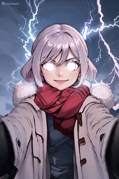 (masterpiece, best quality:1.2), solo, 1girl, IncrsLowTier, electricity, glowing eyes, IncrsChkWarmingMeme, pov, red scarf, winter clothes, smile, closed mouth <lora:PovCheekWarmingMeme:1> <lora:LowTierMeme:0.9>