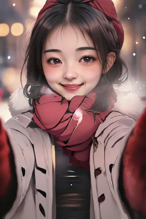 1girl, red scarf, winter clothes, smile, blush, <lora:PovCheekWarmingMeme:1>