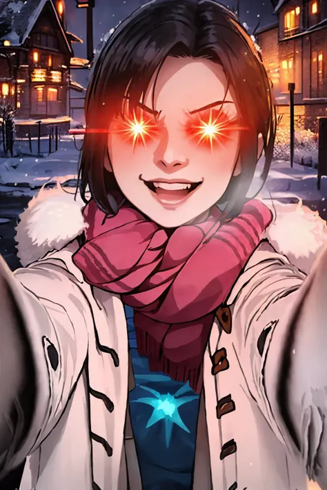 (masterpiece, best quality:1.2), solo, 1girl, (Glowing Eyes Meme:1.2), glowing eyes, glowing, epic, IncrsChkWarmingMeme, pov, red scarf, winter clothes, smile <lora:PovCheekWarmingMeme:1> <lora:GlowingRedEyeMeme:0.8>