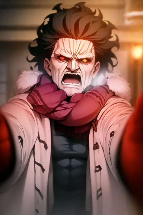 IncrsChkWarmingMeme, pov, red scarf, winter clothes, <lora:PovCheekWarmingMeme:1>  bersecar, male focus, red yes, angry, open mouth, <lora:bersecar:1>