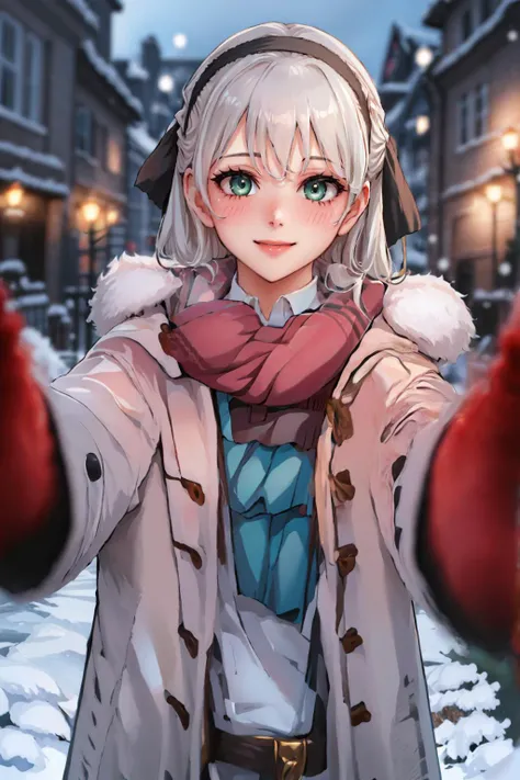masterpiece, best quality, <lora:PovCheekWarmingMeme:1> IncrsChkWarmingMeme, pov, red scarf, winter clothes, smile, blush <lora:elie-nvwls-v2-zero:0.8> elie macdowell, green eyes, hairband, blue ascot, hair ribbon, long sleeves, large breasts