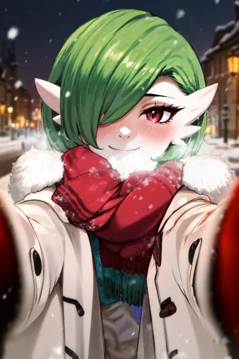 masterpiece,best quality,IncrsChkWarmingMeme,reaching towards viewer,1girl,mature female,gardevoir,red eyes,short hair,bangs,green hair,hair over one eye,red scarf,seductive smile,breath,blush,snow,outdoors,town,<lora:Concept-control tool-add_detail-CyberAIchemist:0.3>,<lora:gardevoir_v2:1>,<lora:PovCheekWarmingMemeV3:1>,
