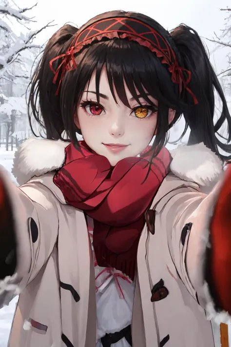 IncrsChkWarmingMeme, <lora:PovCheekWarmingMemeV2:1>, winter clothes, red scarf, breath, seductive smile, reaching towards viewer, KurumiBase, (clock eyes), heterochromia, twintails, hairband, <lora:Char_DateALife_TokisakiKurumi:1>