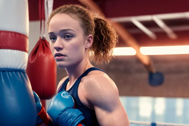 portrait of (DEN_liv_hewson:0.7) in a gym boxing a punching bag wearing gym wear and boxing gloves, sweaty skin, sweat, glistening sweaty skin, sweat beads, sweat dripping,
boxing, energetic, motion, bokeh,
photorealistic, high detail, detailed, realistic, masterpiece, detailed face, detailed eyes, beautiful, <lora:add_detail:0.9>