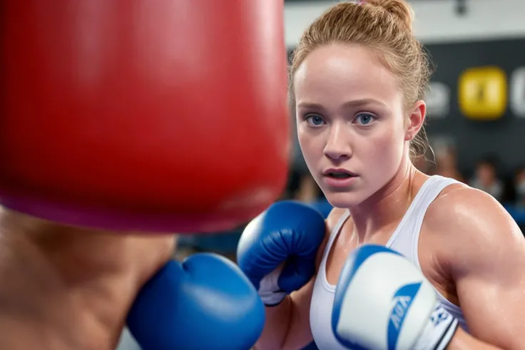 portrait of (DEN_liv_hewson:0.7) in a gym boxing a punching bag wearing gym wear and boxing gloves, sweaty skin, sweat, glistening sweaty skin, sweat beads, sweat dripping,
boxing, energetic, motion, bokeh,
photorealistic, high detail, detailed, realistic, masterpiece, detailed face, detailed eyes, beautiful, <lora:add_detail:0.9>