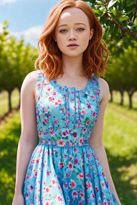 portrait of DEN_liv_hewson wearing a dress in an orchard on a sunny day,
summer dress, floral dress, clothed, god rays, dust, lens flare,
masterpiece, high detail, detailed, photorealistic, beautiful eyes,