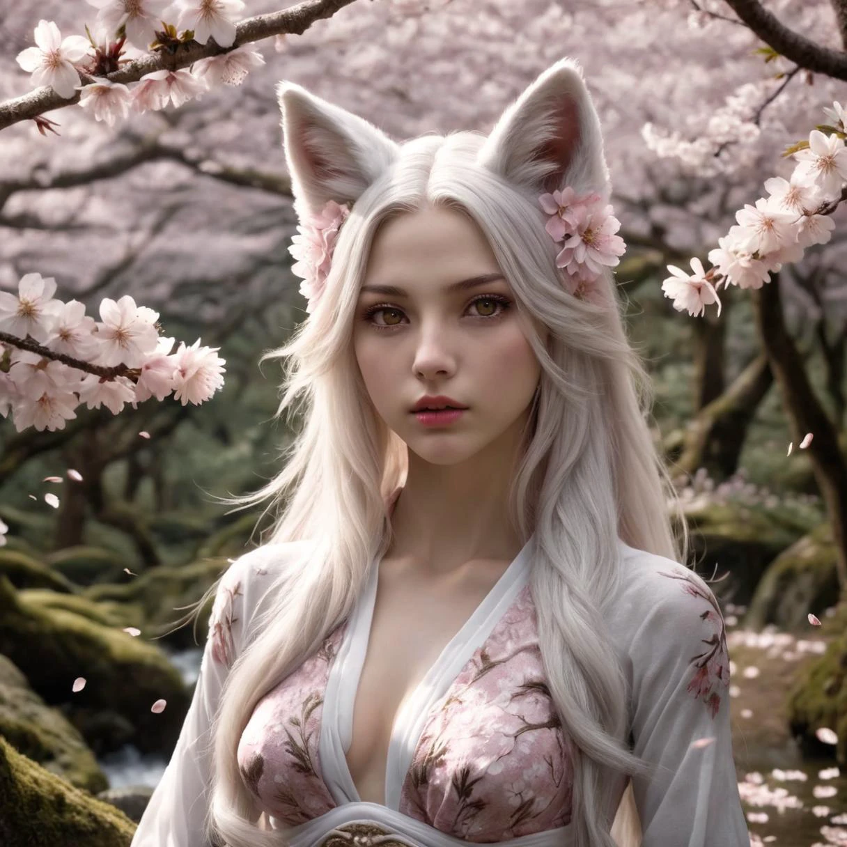 cinematic film still 18 year old,1girl, solo, long hair, looking at viewer, hair ornament, long sleeves, holding, animal ears, tail, yellow eyes, flower, white hair, outdoors in (((sakura forest in blossom))), parted lips, hair flower, water, tree, lips, petals, fox ears, glowing, animal, floral print, glowing eyes, wolf, fox, waterfall,exposed midriff,pelvic curtain, abs,fit,highly detailed skin with hair,vellus, hard light, hard shadows,<sd_xl_offset_example-lora_1.0.safetensors:0.5>,<RMSDXL_Creative.safetensors:2>,<RMSDXL_Enhance.safetensors:2>,<fitgirl_v10.safetensors:0.8>,<skin_texture_v2.safetensors:0.8>,DonMS4kur4XL, shallow depth of field, vignette, highly detailed, high budget Hollywood film, cinemascope, moody, epic, gorgeous,