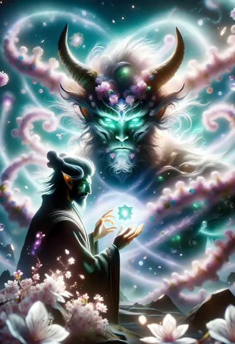 DonMS4kur4XL, sakura blossoms, female male demon, malevolent supernatural being, evil, chaos, infernal, powerful entity, corrupt,harm full, fantasy, middle-aged, hourglass, indigenous peoples of the america, emerald eyes, attached ears, angular nose, angular jaw, smooth cheeks, heart face shape with pointed chin, , brown space buns hair, contentment, transcribing ancient runes onto sacred surfaces, charging them with magic, technomancer, nanotechnology manipulation, spacepunk , holding a crystal for heightened intuition, seeking inner guidance, halo <lora:myLora\DonMS4kur4XL-000006:0.8><lora:released\DonM3t3rn1tyXL-v1.1-000008:.6><lora:released\DonMM4g1cXL_v1.2:.6>