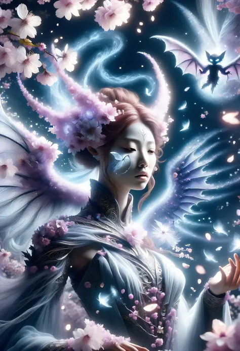 DonMS4kur4XL,sakura blossoms, female manananggal, female mythical creature, separated upper torso, bat like wings on detached torso, long proboscis like tongue, sharp claws, long disheveled hair, distinctive eerie sound, malevolent vampiric entity, ageless, sinewy, russian, violet eyes, narrow nose, round chin with cleft, sunken cheeks, striking birthmarks, nasal septum, red wavy haircut hair, grief, conjuring a blinding flash of light, dazzling opponents momentarily, alchemist, ferrokinesis , concentrated stance, eyes closed, mentally focusing on the spell, glowing runes <lora:released\DonM3t3rn1tyXL-v1.1-000008:0.8><lora:myLora\DonMS4kur4XL-000006:0.8><lora:released\DonMM4g1cXL_v1.2:0.6>