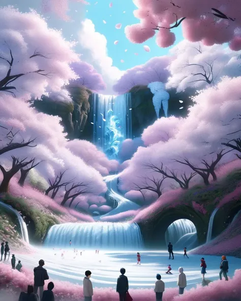 DonMS4kur4XL, designed by ilya kuvshinov and Yanjun Cheng, 3D Rendering, crowded trees, Frosted (Waterfall:1.2) , Anime screencap, Funk Art, League of Legends Splash Art, science fiction, <lora:DonMS4kur4XL:1>