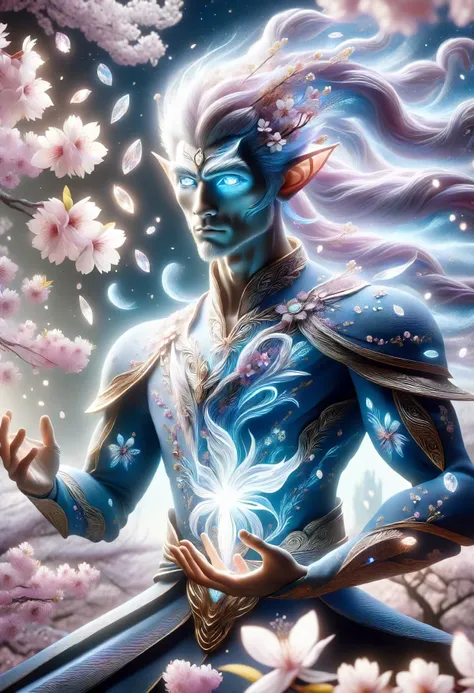 DonMS4kur4XL,sakura blossoms, female male elf, humanoid creature, slender, graceful, pointed ears, fair colored hair, almond shaped eyes with vibrant colors, ageless appearance, otherworldly ethereal glow, elaborate nature inspired attire, magic, regal noble demeanor, golden age, toned, indigenous peoples of the america, light blue eyes, long nose, symmetrical forehead, diamond face shape, , burgundy cornrows hair, pride, shielding stance, arms crossed, creating protective barriers, arcanist, time travel , engaged in astral projection, seeking knowledge from beyond, glowing runes <lora:released\DonM3t3rn1tyXL-v1.1-000008:0.8><lora:myLora\DonMS4kur4XL-000006:0.8><lora:released\DonMM4g1cXL_v1.2:0.6>