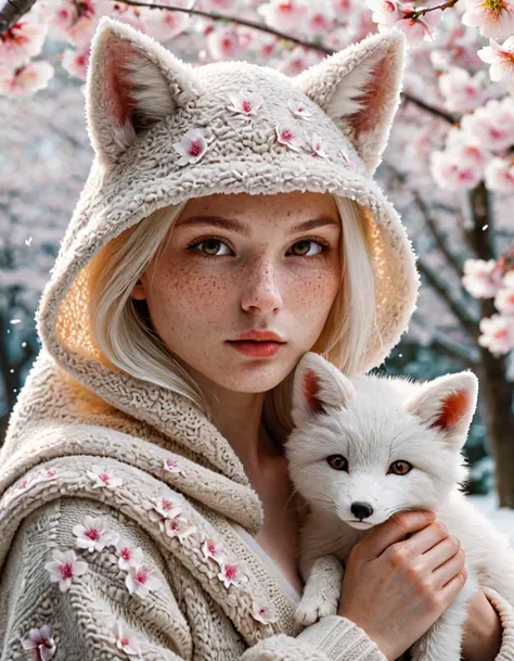 cinematic film still (((Low angle view medium Close shot (focus on head)))),cinematic film still Impressionist Photographic,18 year old albino (fox girl),head (fully covered )by hood,holding fox puppy against deep cleavage,outside,snow covered sakura trees,DonMS4kur4XL ,hot springs, (sit),(Hyper-realism),(((deep cleavage))),(realistic white skin),(Absolutely detailed photos),(sharp focus),18 yo cute girl,slender,pretty face,glowing yellow eyes,best detailed face,subcutaneous vein,Detailed vivid iris and pupil,impressive light,pelvic curtain,detailed the cloth,long messy|straight hair, low saturation,skin fluff,fine wrinkles,(natural skin blemishes:0.5), (freckles:0.5),high contrast,best Ray tracing, light and shadow play,highly detailed,24mm photograph, film, bokeh, professional, 4k,holding white fox puppy to chest,haughty attitude,(((bare midriff))),(smooth swollen nipples),dust,glaring,film grain,Rembrandt Lighting Style ,, shallow depth of field, vignette, highly detailed, high budget Hollywood film, cinemascope, moody, epic, gorgeous,