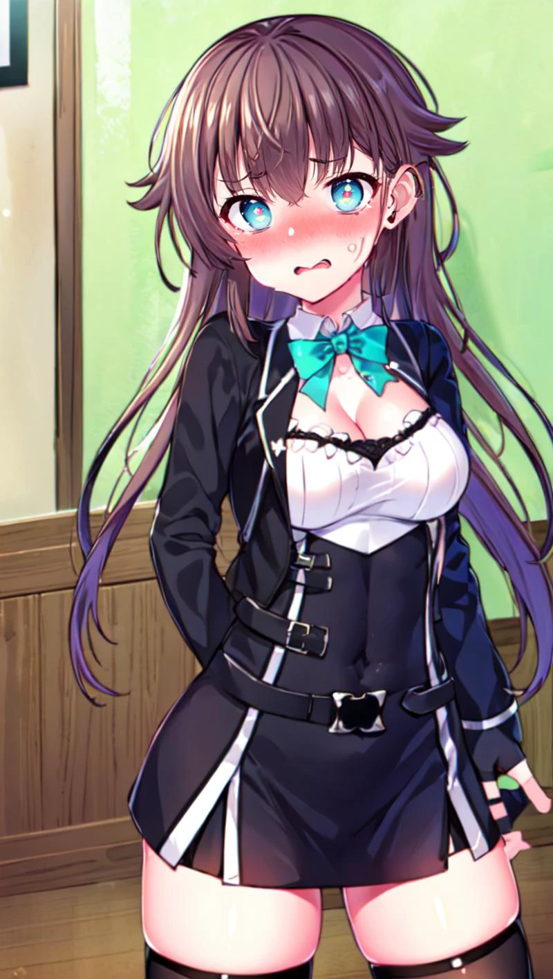 masterpiece, best quality,
<lora:kana_kashiwazaki-000008:0.7> kanakashiwazaki, yellow ribbon, aqua eyes,(geisterjaeger uniform), thighhighs, black jacket, fingerless gloves, belt, cleavage, medium breasts, long sleeves,
1girl,solo,
<lora:embarrassedexposure.sd15.v1:0.45>
shockedface,embarrassed, (constricted pupils, wide-eyed, )
portrait,
standing,
facing viewer,