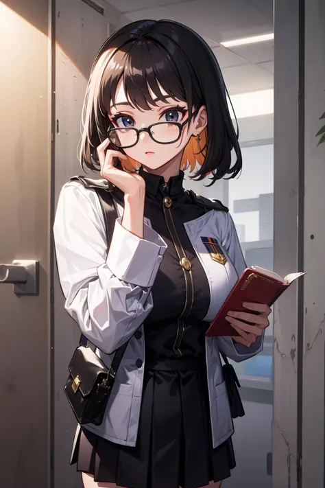 1girl, looking over eyewear, uniform, holding book,adjusting eyewear, 
 <lora:Saya-looking over eyewear:1>