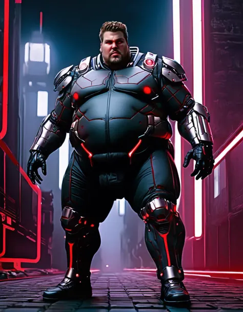 drachenlord as a very detailed cyborg, brown hair, red lighting laser eyes, cyberpunk city, fat, full body, looking at viewer, best quality, masterpiece,  <lora:offset_0.2:1> contrasts  <lora:DrachenlordLyc3:0.8>