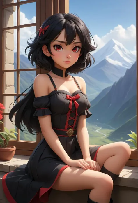 RCNZ_SDXL_Style cartoon anime 1girl, black hair, red eyes, sitting, fantasy clothes, window with a mountain outside during dawn <lora:RCNZ_SDXL_Style-000010:0.4> <lora:add-detail-xl:1.5>