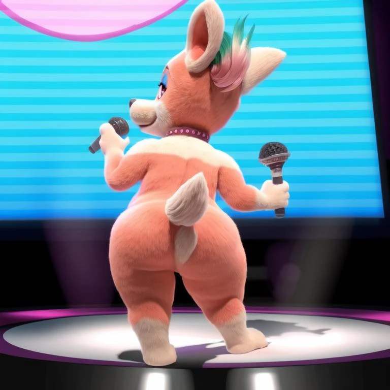 kelly corgi, mammal, canine, female, solo, anthro, pink fur, two-tone fur, furry, highlights \(coloring\), eye shadow, eyelashes, pink body, pink collar, cute eyes, nude, slightly chubby, wide hips, rear view, big butt, presenting, microphone, 4 fingers, standing, looking at viewer, wink, bedroom eyes, seductive, stage, hi res, absurd res, digital media \(artwork\), 1:1,  hand on hip, short stack, <lora:Kelly_Corgi_Lora:0.7>