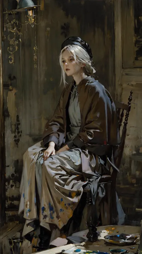 realism,detailed,sitting,upper body chair,hat,white hair,scales,The_Painter,room,cinematic lighting,winter,<lora:The_Painter:0.8>,<lora:classic_oil_painting:0.4>,Painting_(Action),, (style of Jon Foster:0.2),(style of Alex Russell Flint:0.2),(style of Bob Eggleton:0.2),(style of Pino Daeni:0.2),BREAK (oil painting:1.2),(oil painting style),illustration,Fantasy Art,mystique,visual impact,incredible details
