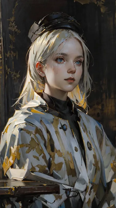 realism,detailed,sitting,upper body chair,hat,white hair,scales,The_Painter,room,cinematic lighting,winter,<lora:The_Painter:0.8>,<lora:classic_oil_painting:0.4>,Painting_(Action),, (style of Jon Foster:0.2),(style of Alex Russell Flint:0.2),(style of Bob Eggleton:0.2),(style of Pino Daeni:0.2),BREAK (oil painting:1.2),(oil painting style),illustration,Fantasy Art,mystique,visual impact,incredible details