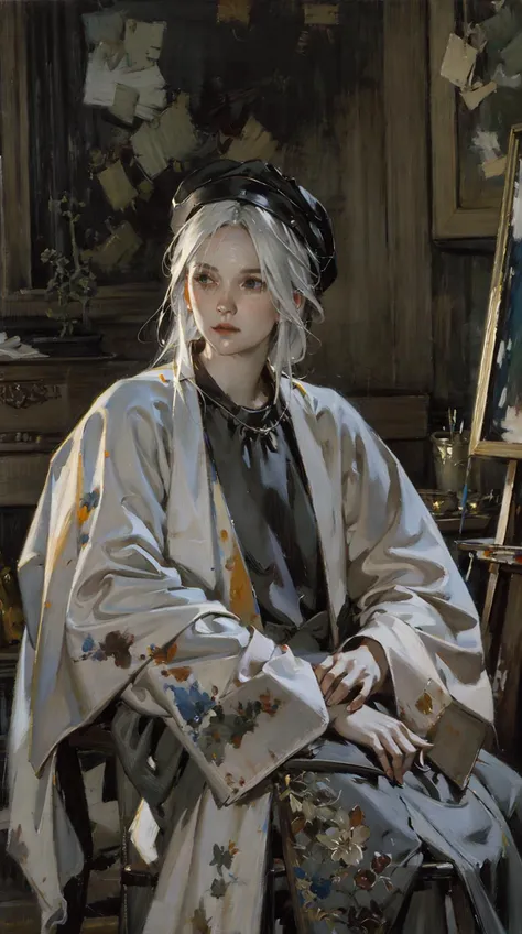 realism,detailed,sitting,upper body chair,hat,white hair,scales,The_Painter,room,cinematic lighting,winter,<lora:The_Painter:0.8>,<lora:classic_oil_painting:0.4>,Painting_(Action),, (style of Jon Foster:0.2),(style of Alex Russell Flint:0.2),(style of Bob Eggleton:0.2),(style of Pino Daeni:0.2),BREAK (oil painting:1.2),(oil painting style),illustration,Fantasy Art,mystique,visual impact,incredible details