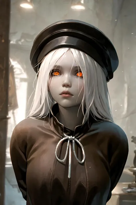 realism, upper body, detailed, girl, hat, arms behind back, white hair, scales, orange eyes, The_Painter, room, cinematic lighting, <lora:The_Painter:0.8>