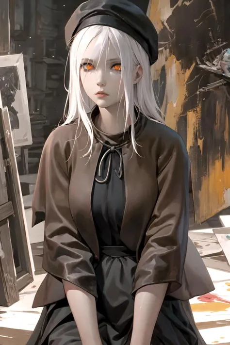 realism, detailed, girl, hat, white hair, arms behind back, scales, eyes contact, orange eyes, sitting, The_Painter, <lora:The_Painter:0.8>