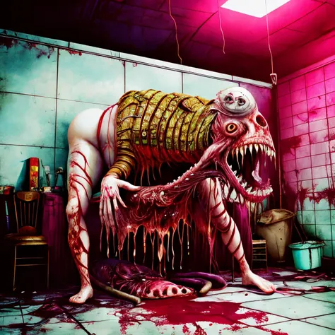 <lora:reelhorror141:1> reelhorror, 1girl, mutation, dismemberment, flesh, drooling, blood, injury, realistic, pov scene, pov, trash, indoors, messy, (wuroh:0.8)