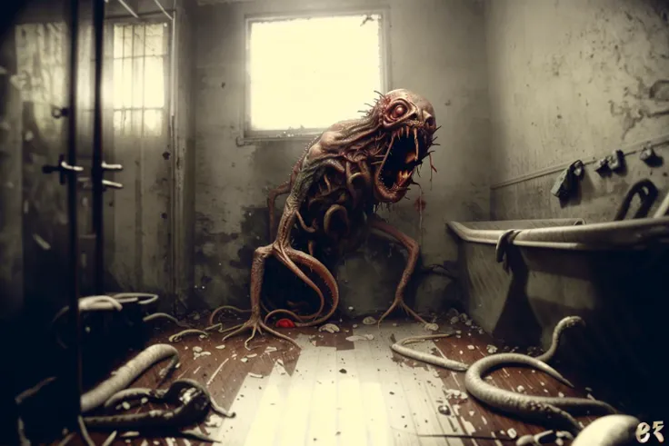 reelhorror, <lora:Reel_WHorror_Rework_v1_2:1> humanoid, dismembered body, looking at viewer, short hair, lying, pants, bag, blood, tentacles, monster, injury, blood on face, realistic, death, corpse, messy, interior, trash, pov scene, pov, horror (8K, best quality, masterpiece:1.2), ultra-detailed (grainy:0.2)
